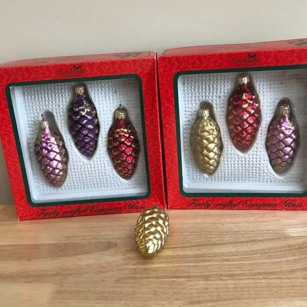 Christmas Glass Glitter Pinecone Ornaments Set of 7 Sears Roebuck Co. 1980